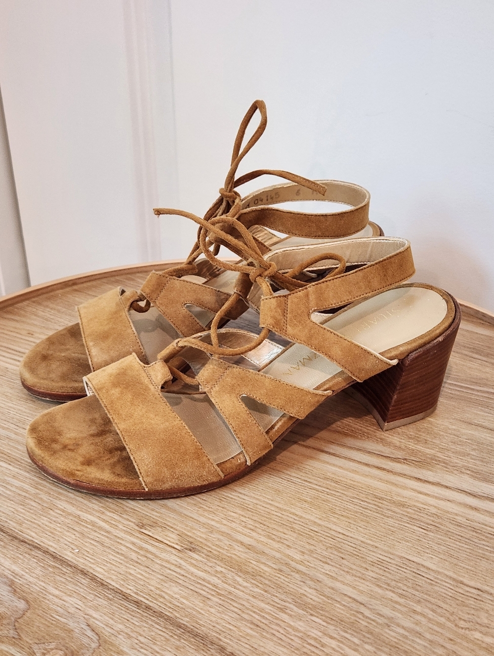 Stuart Weitzman Tan Suede Lace-Up Block Heel Sandals Size 6